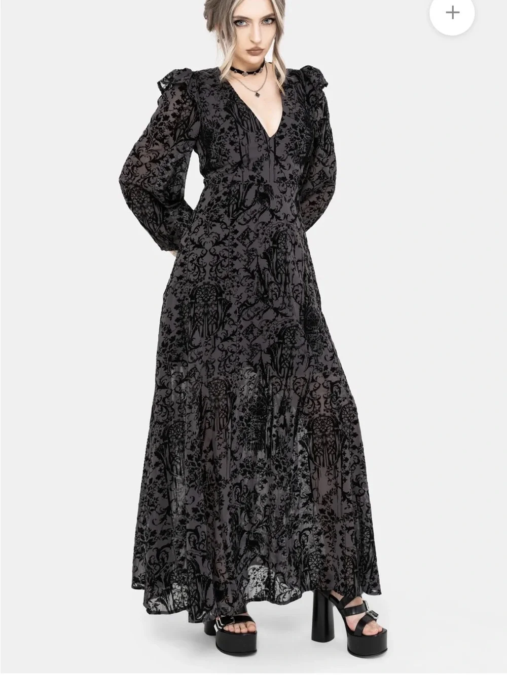 Thorned Flocked Chiffon Castle Print Frill Neck Maxi Dress - Picture 5 of 11